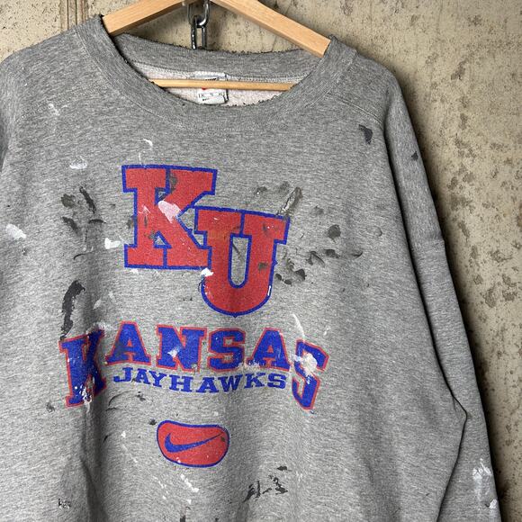 Kansas University Jayhawks Nike White Tag 90s XL Distressed Crewneck - Picture 2 of 5